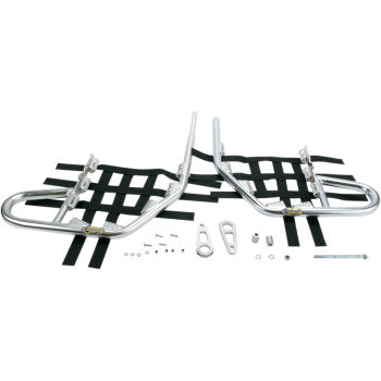 A pair of Yamaha Raptor Nerf Bars Silver by Motorsport Products, made from extruded aluminum tubing with black webbing straps, EZ-fit clamp brackets, and mounting hardware, displayed on a white background.