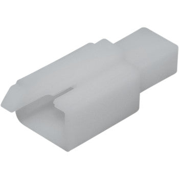The ML Locking 110 Connector 2 Pin Male 5 Pack by Namz features a white plastic rectangular housing with a notched side and angled edge, designed for secure wire connections—perfect for custom applications.