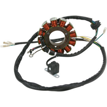 Circular stator coil with copper wire windings and attached black wiring harness with connectors and mounting bracket.
