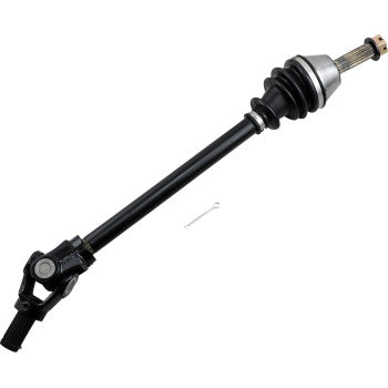 Black metal CV axle shaft with rubber boot and silver metal joint components, plus a small metal pin accessory.