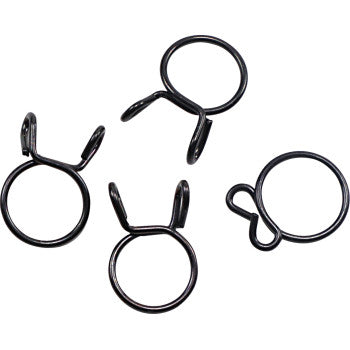 The Wire Clamp Refill Kit Black 4 Pack by All Balls features four black metal clamps, each with a circular ring and two prongs, displayed on a white background.