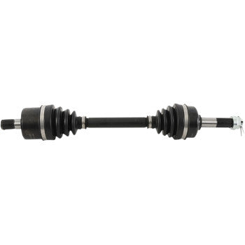 The Kawasaki Brute Force Axle Kit Complete 8 Ball Extreme Duty Rear Left & Right by All Balls features a chromoly shaft, black rubber boots, metal joints with precision ball bearings for strength, shown against a white background.
