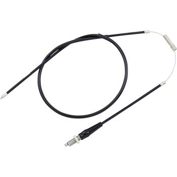 The Universal Twist Grip Throttle Cable by Parts Unlimited is a black cable with metal ends—one threaded, one looped—ideal as a 44" throttle cable for twist throttles or as a control/brake cable for machinery and bicycles.