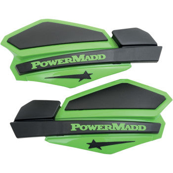 Green and black Powermadd Star Series hand guards with angular design and star graphic.