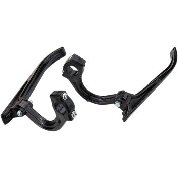 Composite Hand Guard Mounts by Moose Offroad: Black plastic mounts with metal bolts, curved arms, and clamp sections for secure attachment of accessories. Ideal for installing composite handguards on handlebars.