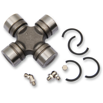 The Kawasaki Universal Joint by Epi features a metal cross-shaped joint, two grease zerks, a plug, and four black retaining clips—perfect for those who need durable OEM parts.