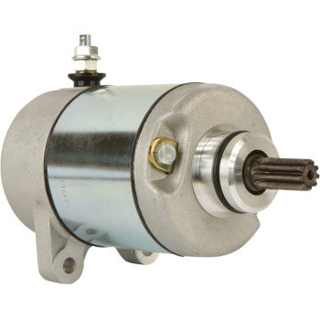 The Starter Motor by Parts Unlimited features a cylindrical metal body, copper bushings, mounting brackets, and a gear shaft, designed to meet OEM specs and displayed against a plain white background.