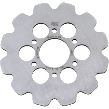 The Yamaha UTV Rotor by Ebc is a heat-treated stainless steel brake rotor with a wavy, flower-like edge and six large holes around the central mounting hole. Its smooth, reflective surface ensures optimal performance.