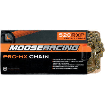 Pro MX 520 RXP Chain Gold 100 Links by Moose Offroad shown in packaging, partially displaying the gold motocross chain. Box notes its non-O-ring design and suitability for 125-350cc motorcycles.