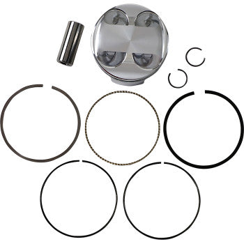 The Piston Kit by JE Pistons includes a high-quality forged aluminum piston, wrist pin, two circlips, and five assorted rings displayed on a white background—perfect for serious competition and professional use.