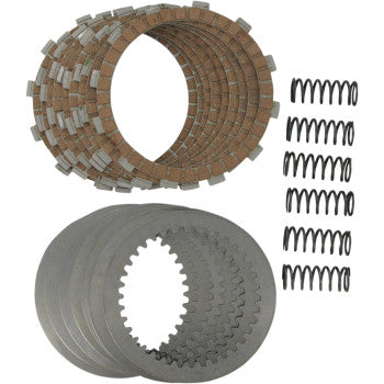Set of round clutch plates with friction material and steel plates paired with multiple coil springs, all arranged on a.