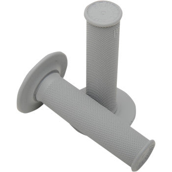 Two All Diamond MX Grips Soft by Renthal in gray rubber, featuring firm compound and textured surfaces, are shown—one upright and one horizontal—each with flared ends.