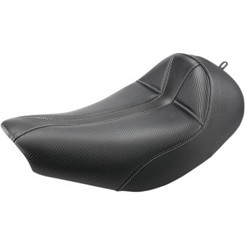 The Indian Dominator Solo Seat - Black by Saddlemen fits 14-24 Indian motorcycles and features textured and smooth black sections, visible stitching, and a raised backrest.
