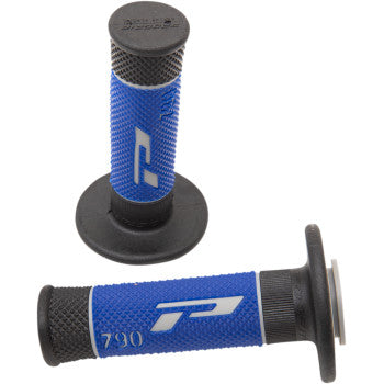 A pair of Pro Grip Grips 790 Black / Blue, triple-density motorcycle handlebar grips with flange ends, gray P logo, and black end caps featuring raised text for enhanced durability and style.