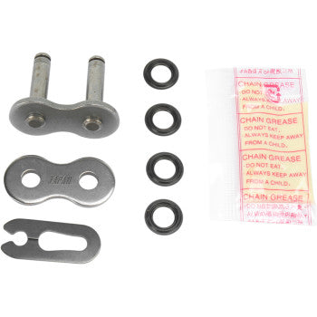 The 530 PX Series Clip Connecting Link by Parts Unlimited includes a replacement connecting link, four rubber O-rings, a metal tool, and chain grease with English and Japanese warning labels.