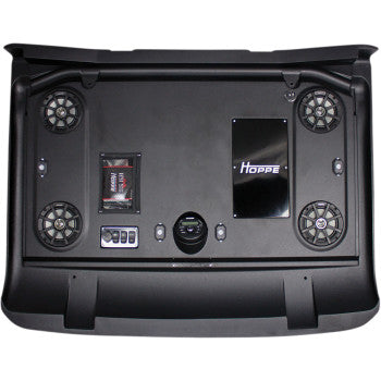 The Audio Shade 4 Speaker by Hoppe Industries features a black panel with four round speakers, switches, a small display, and a metallic plate labeled Hoppe—ideal for use with a Bluetooth marine receiver for easy audio control.