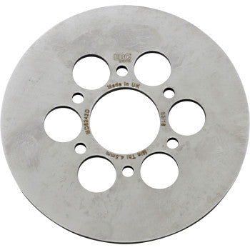 The Yamaha UTV Brake Rotor by Ebc is a round, silver steel disc featuring six evenly spaced large holes around a central hole. Its smooth surface has text engraved near the center, showcasing durable construction for reliable braking performance.