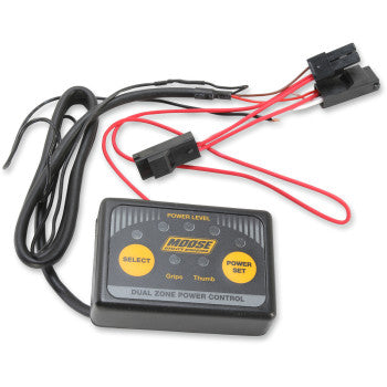 Black rectangular dual zone power controller with yellow buttons and red and black wiring harnesses.