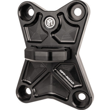 Black anodized aluminum radius rod plate with four mounting holes and embossed PM Off-Road logo.