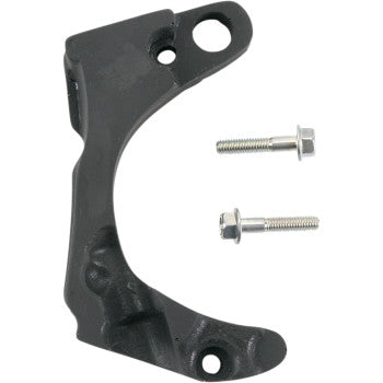 The Honda Poly Case Saver by Moose Offroad—a black metal bracket with two holes—sits next to two silver hex bolts, crafted from energy-absorbing polyurethane and made in the USA.
