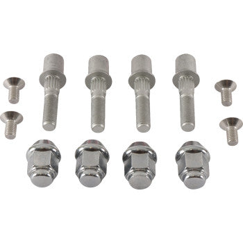 The Can Am Wheel Stud Nut Kit Front & Rear by Moose Offroad includes ten shiny metal fasteners—four large bolts with wheel nuts, three medium screws, and three small screws—arranged in two rows on a plain white background.