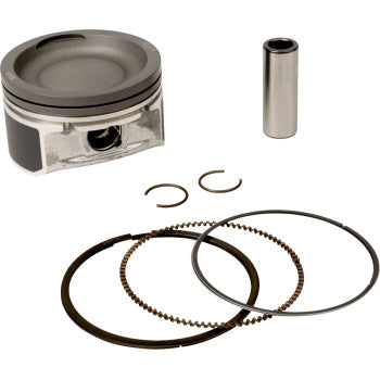 The Polaris Piston Kit 79.95 mm by Prox includes a silver CNC machined piston, two snap rings, a wrist pin, and three OEM piston rings, all displayed on a white background.