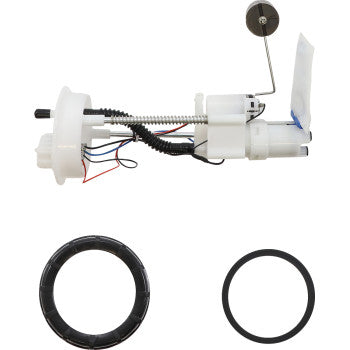 White plastic Polaris fuel pump module with wiring harness and two black rubber sealing rings.