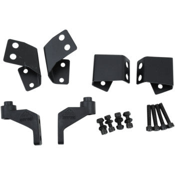 A black metal Side View Mirror Mount Roll Cage Kit by Atv-Tek, including brackets, screws, and bolts arranged on a white background. These angled brackets fit Polaris Pro-Fit UTV roll cages for easy mirror mounting.