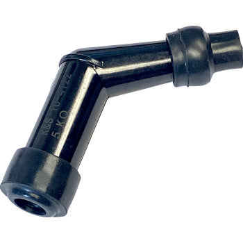 A black, elbow-shaped K&S Technologies Spark Plug Cover Resistor (14 mm) with rubberized ends and adaptable threading, displayed on a white background.