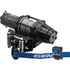 The AM-25 Assault Winch 2500lb Steel Cable by KFI Products is a black ATV winch with a coiled steel cable, heavy duty electric contactor, blue KFI WINCH strap, and a wired remote control featuring IN and OUT buttons.