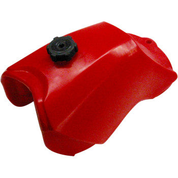 The Honda Large Capacity Gas Tank Red 3.3 Gallon by IMS Products Inc. is made of high-density polyethylene, features a black screw cap, and is ideal for small engines—shown against a white background for clarity and detail.