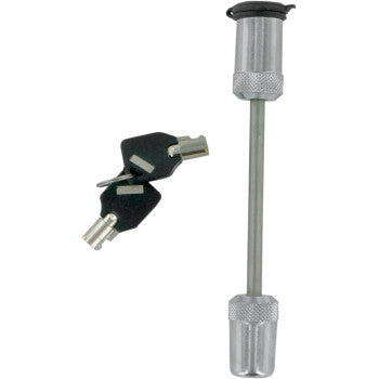 The Span Coupler Lock 2 1/2" by Trimax is a metal rod with knurled ends and a solid forged lock pin, featuring a secure locking mechanism. It includes two black keys with metal tips, shown on a white background.