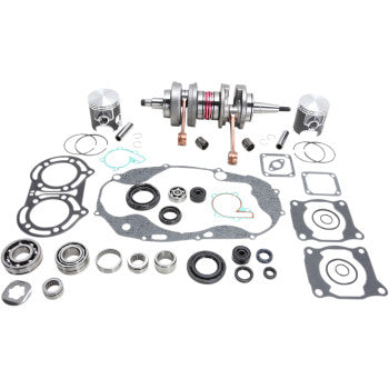 Complete engine rebuild kit with two pistons, crankshaft, multiple gaskets, seals, and bearings for Yamaha Banshee 350.