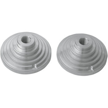 Two Cool Domes 21 cc Race Gas Version billet-machined metal domes for Yamaha Banshee YFZ 350 by Pro Design, silver and circular with concentric ridges and a central threaded hole, placed side by side on a white background.