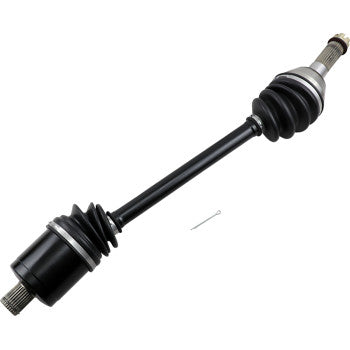 Black steel Polaris CV axle with rubber protective boots on both ends and metal connectors for rear left and right.