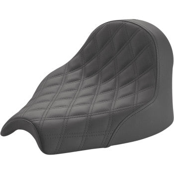 The black Seat - Renegade Solo - Lattice Stitched from Saddlemen features a lattice-stitched design, a raised backrest, and GelCore technology for superior comfort and style.