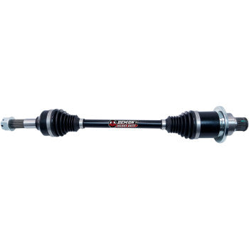 Black heavy duty rear left axle with rubber boots and metal ends for Yamaha Rhino offroad vehicle.
