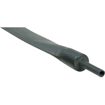 A DEI Heat Shrink Tube, 1 x 4, black polyolefin, partially shrunk for electrical insulation—one end tightly fits a smaller tube while the other stays expanded.