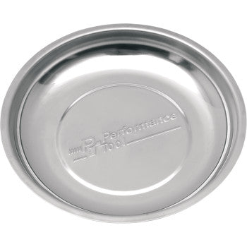 The Tray Magnetic Small by Performance Tool is a round, shallow stainless steel tray with heavy-duty magnets and a rubber coating, ideal for securing small parts. “Performance Tool” is engraved in the center.