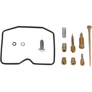 The Arctic Cat Carburetor Repair Kit by Shindy includes main and pilot jets, needles, float valves, screws, o-rings, and a black rubber gasket—all arranged neatly on a white background.