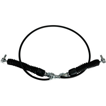 Black flexible Polaris UTV shifter cable with metal connectors and protective rubber boots at each end.