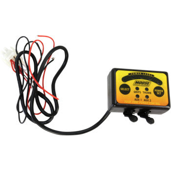 Yellow and black rectangular quad zone controller with multiple black and red wires attached.