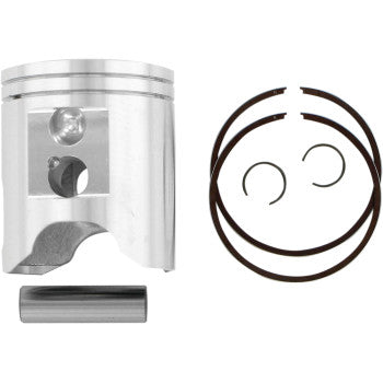 The Polaris Piston Kit 53.00 mm by Wiseco includes a high-silicon alloy piston with grooves, two piston rings, two circlips, and a wrist pin—all essential 2-stroke engine parts displayed on a white background.