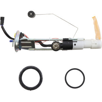 Fuel pump module with attached wiring and float arm, two black rubber O-rings included.