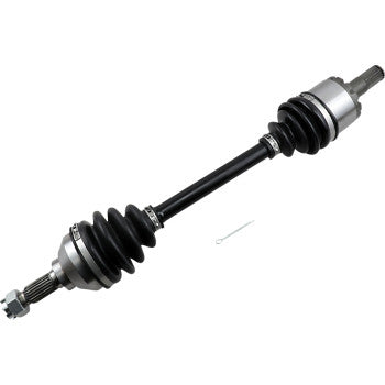 Black metal CV axle shaft with silver ends and protective rubber boots on both joints.