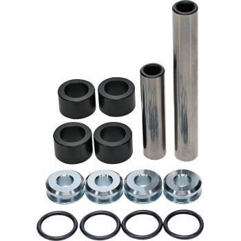 The Suspension Kit Rear Independent by Moose Offroad includes two metal tubes, four black bushings, four silver washers, and four black O-rings, all arranged neatly on a white background.
