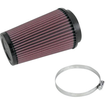The Yamaha Replacement Air Filter Pro Flow by Pro Design, featuring pleated maroon fabric and black rubber ends for improved airflow over stock filters, is pictured beside a metal hose clamp on a white background.