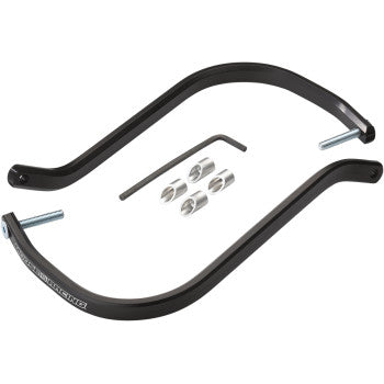 The Contour Hand Guard Bars Replacement Black by Moose Offroad includes black metal bars, an Allen wrench, and a bolt kit with four silver mounting spacers and bolts, shown arranged on a white background.