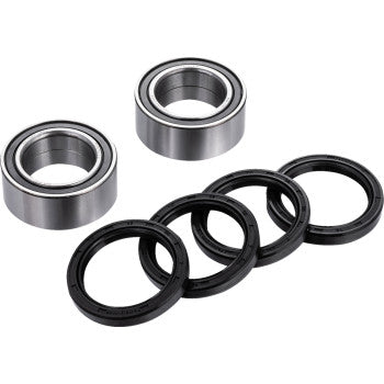 The Arctic Cat Axle Bearing Kit Rear by Factory Links features two metal ball bearings with dust seals and four black rubber seals, arranged on a white background to showcase their shiny design—perfect for waterproof rust protection in off-road use.