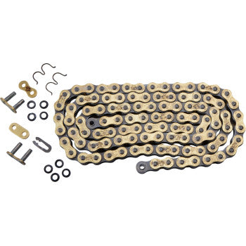 The 520 R33 Drive Chain 104 Links by Renthal, made from high-carbon alloy steel with gold and silver links, is shown laid flat with connecting links, pins, O-rings, and clips arranged on a white background.